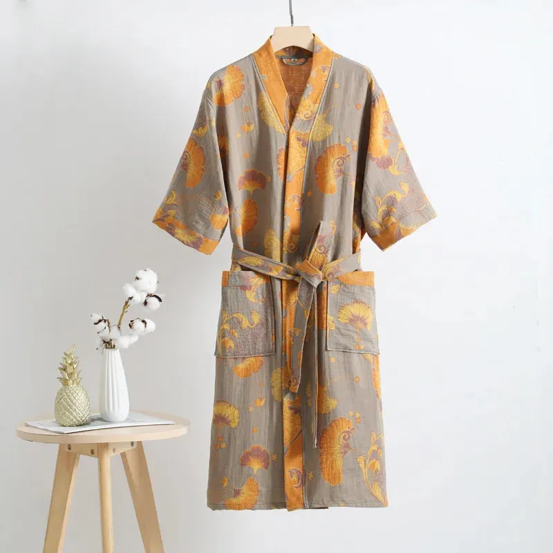 Hnzxzm Couple's Dressing Gowns Vintage Print Loungewear Double Layer of Cotton Bathrobes Women's Pajamas Absorb Water and Dry Quickly