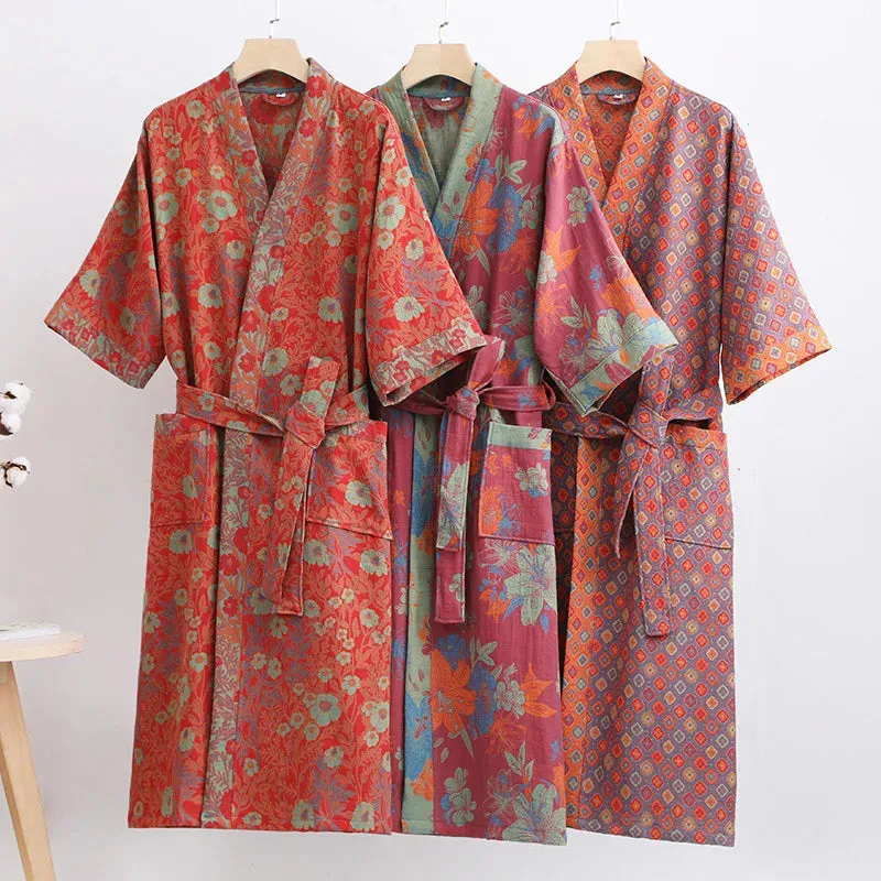 Hnzxzm Couple's Dressing Gowns Vintage Print Loungewear Double Layer of Cotton Bathrobes Women's Pajamas Absorb Water and Dry Quickly
