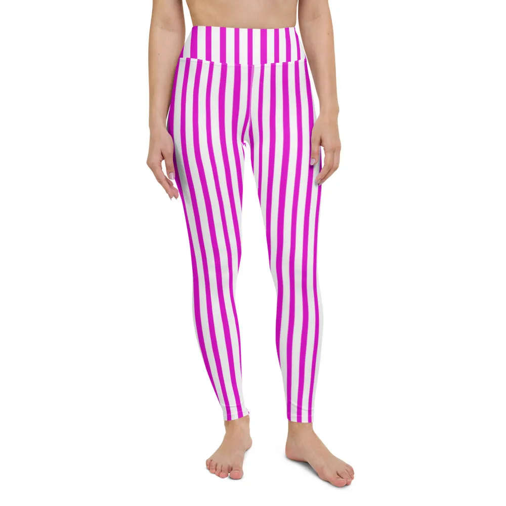Hot Pink Striped Yoga Leggings, Best Vertical Stripes Women's Long Tights-Made in USA/EU