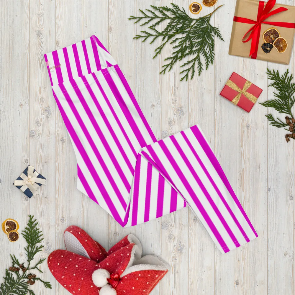 Hot Pink Striped Yoga Leggings, Best Vertical Stripes Women's Long Tights-Made in USA/EU