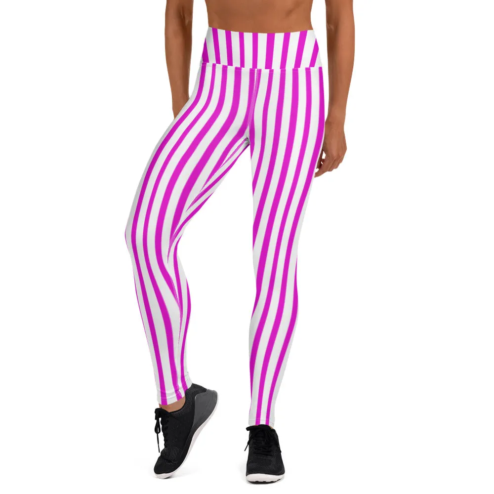 Hot Pink Striped Yoga Leggings, Best Vertical Stripes Women's Long Tights-Made in USA/EU
