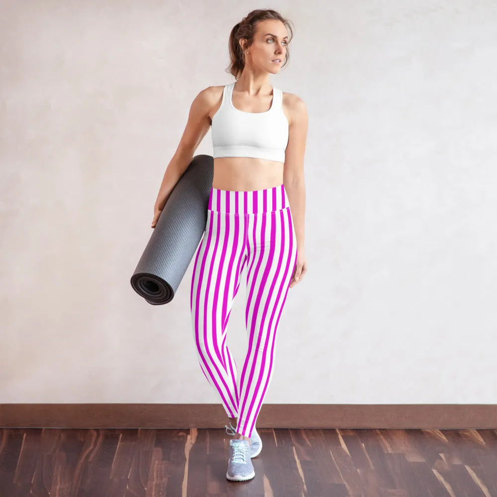 Hot Pink Striped Yoga Leggings, Best Vertical Stripes Women's Long Tights-Made in USA/EU