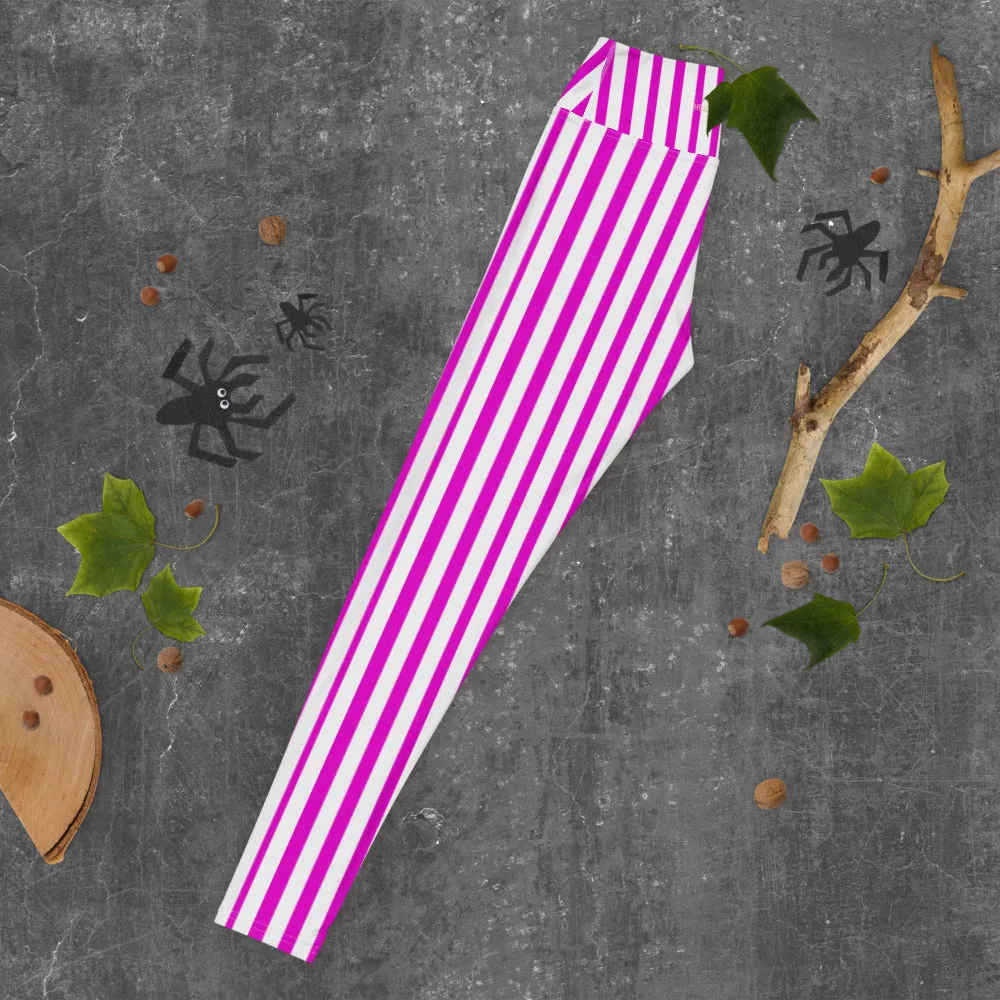 Hot Pink Striped Yoga Leggings, Best Vertical Stripes Women's Long Tights-Made in USA/EU