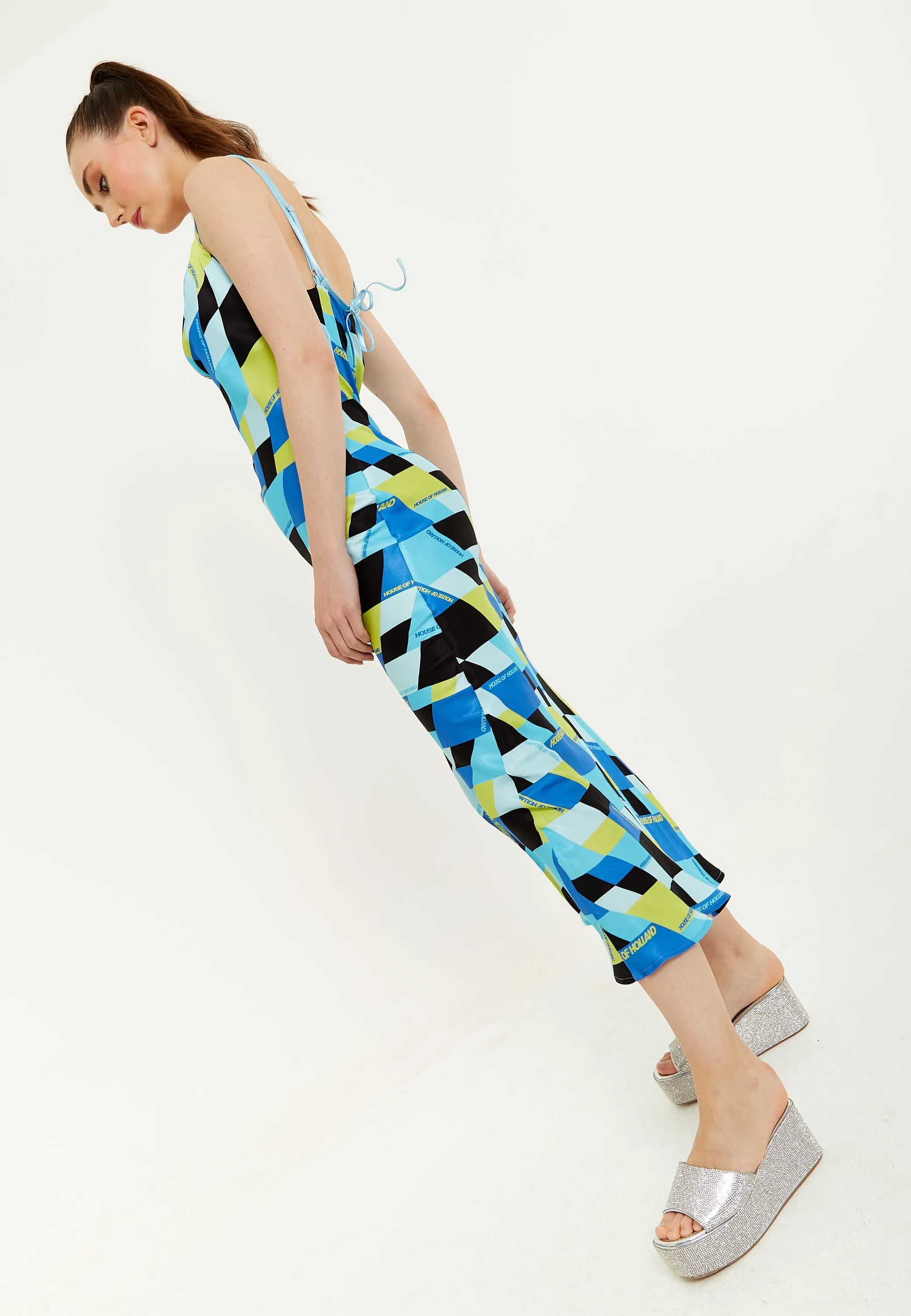 House Of Holland Blue And Black Printed Midi Dress With Cowl Neck