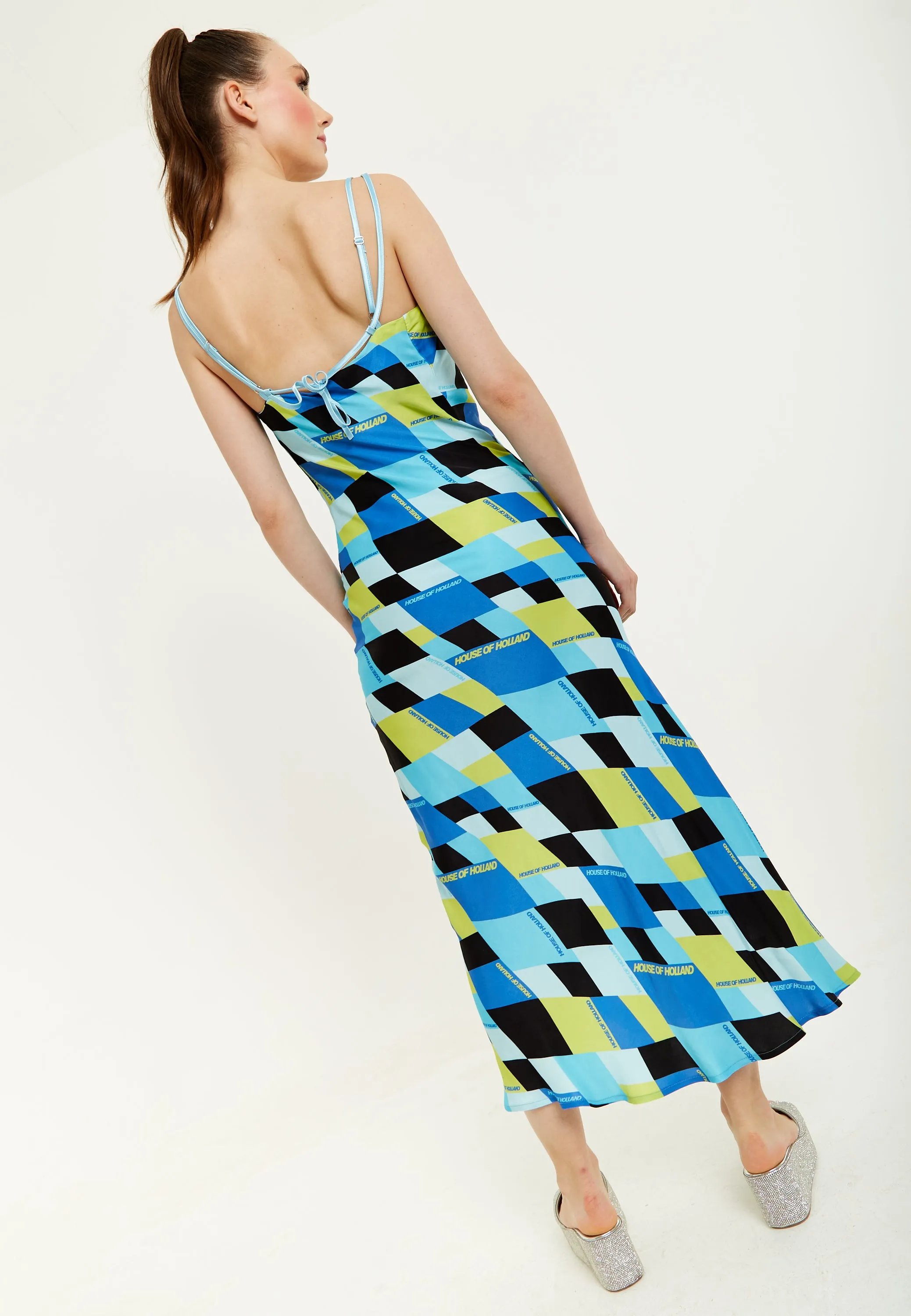 House Of Holland Blue And Black Printed Midi Dress With Cowl Neck