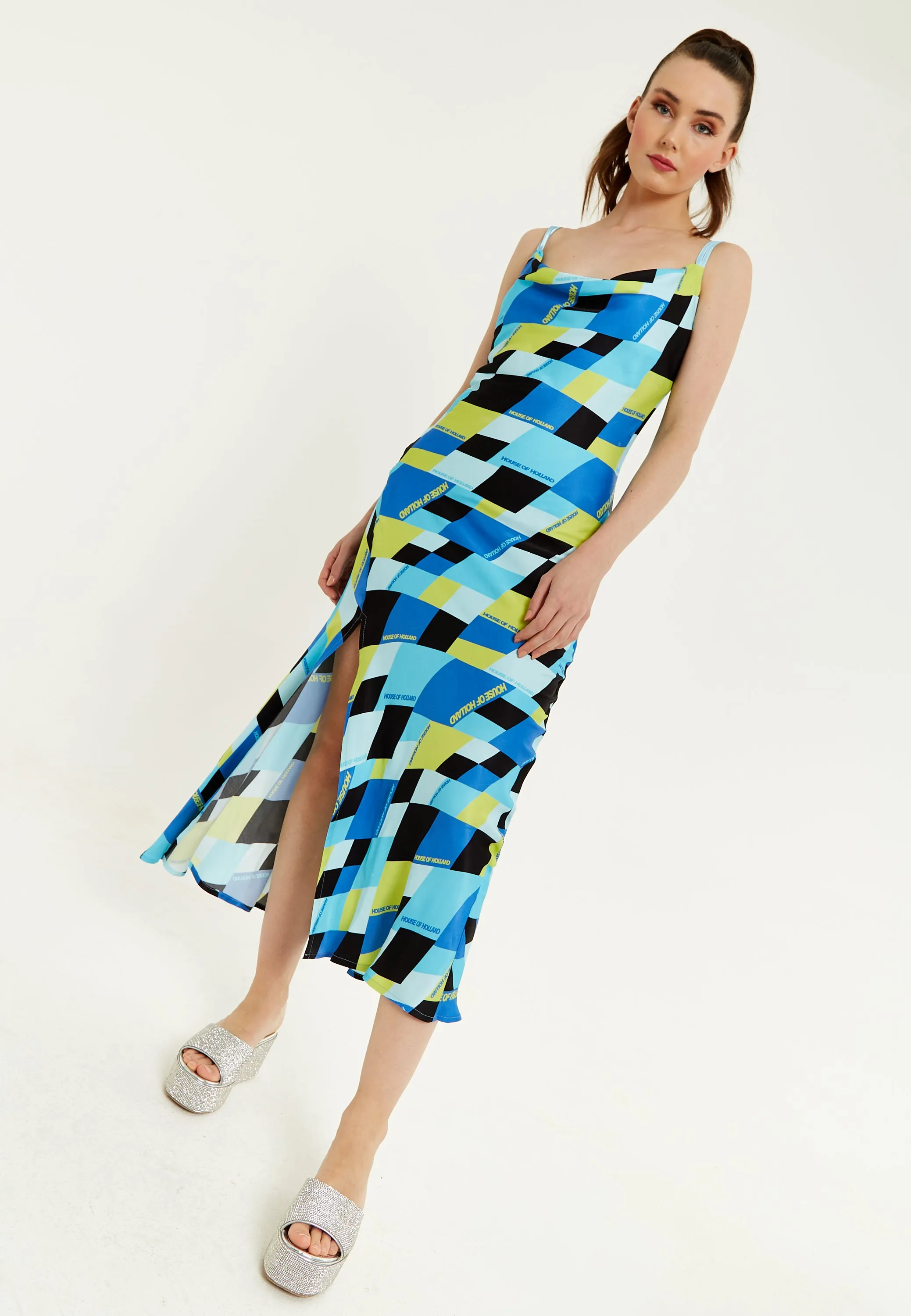 House Of Holland Blue And Black Printed Midi Dress With Cowl Neck