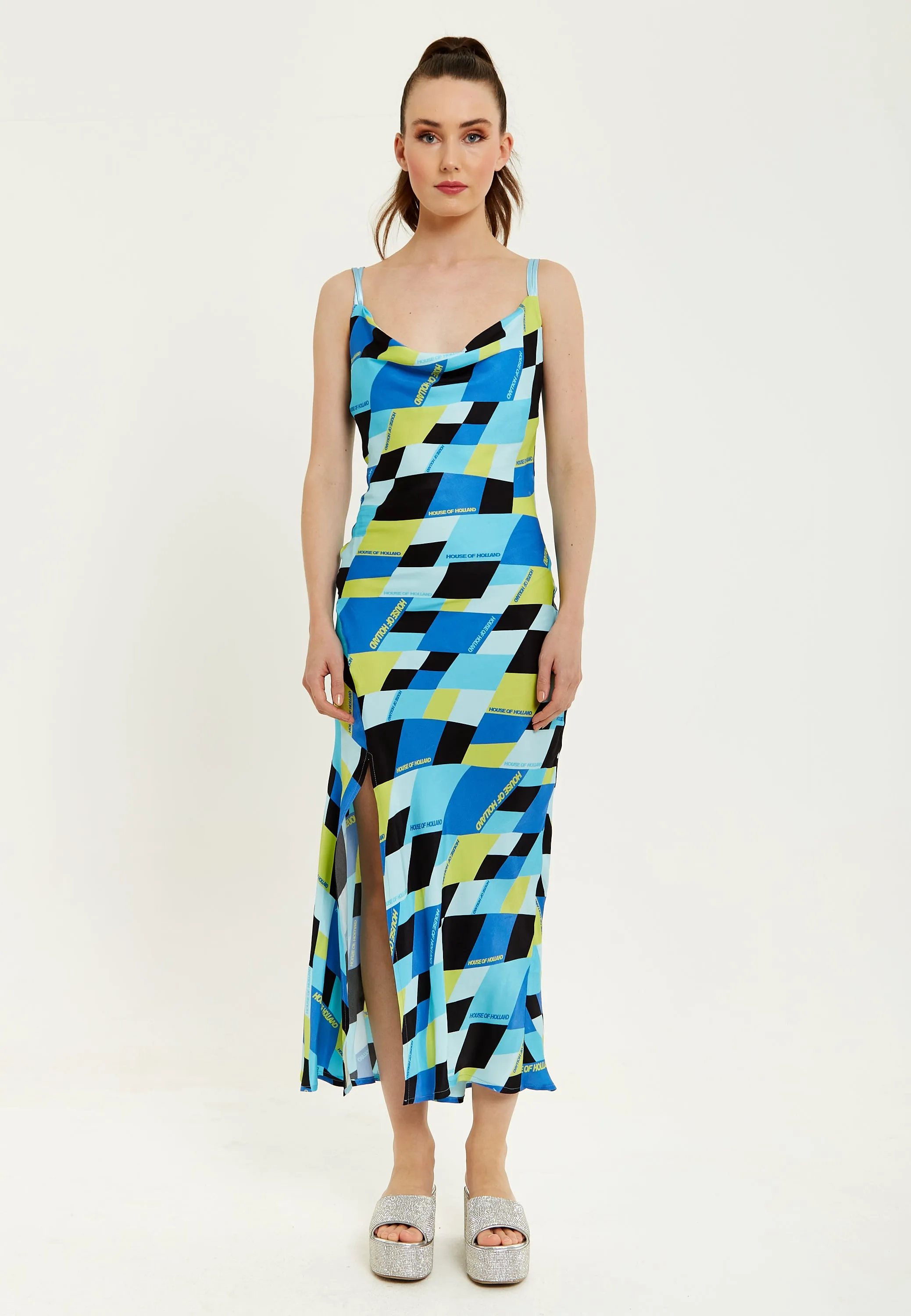 House Of Holland Blue And Black Printed Midi Dress With Cowl Neck