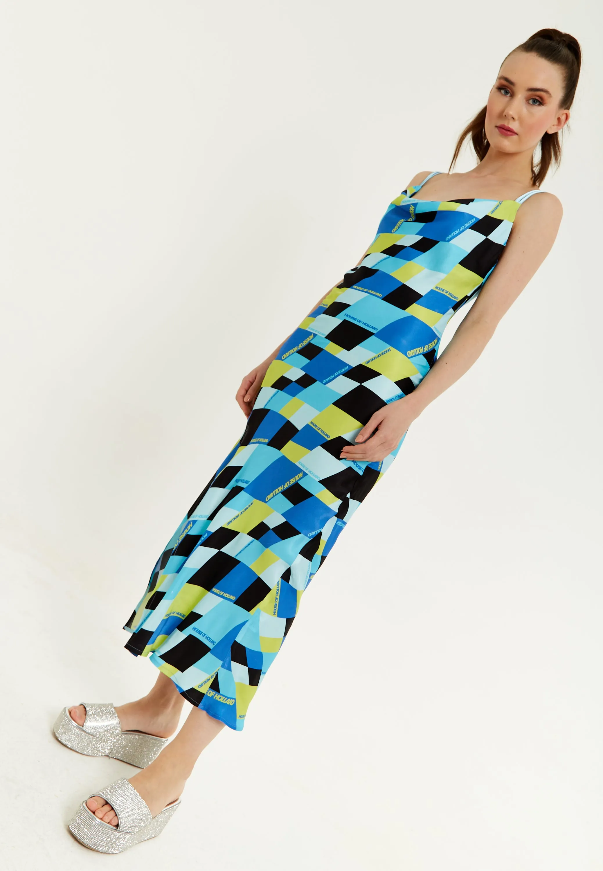 House Of Holland Blue And Black Printed Midi Dress With Cowl Neck