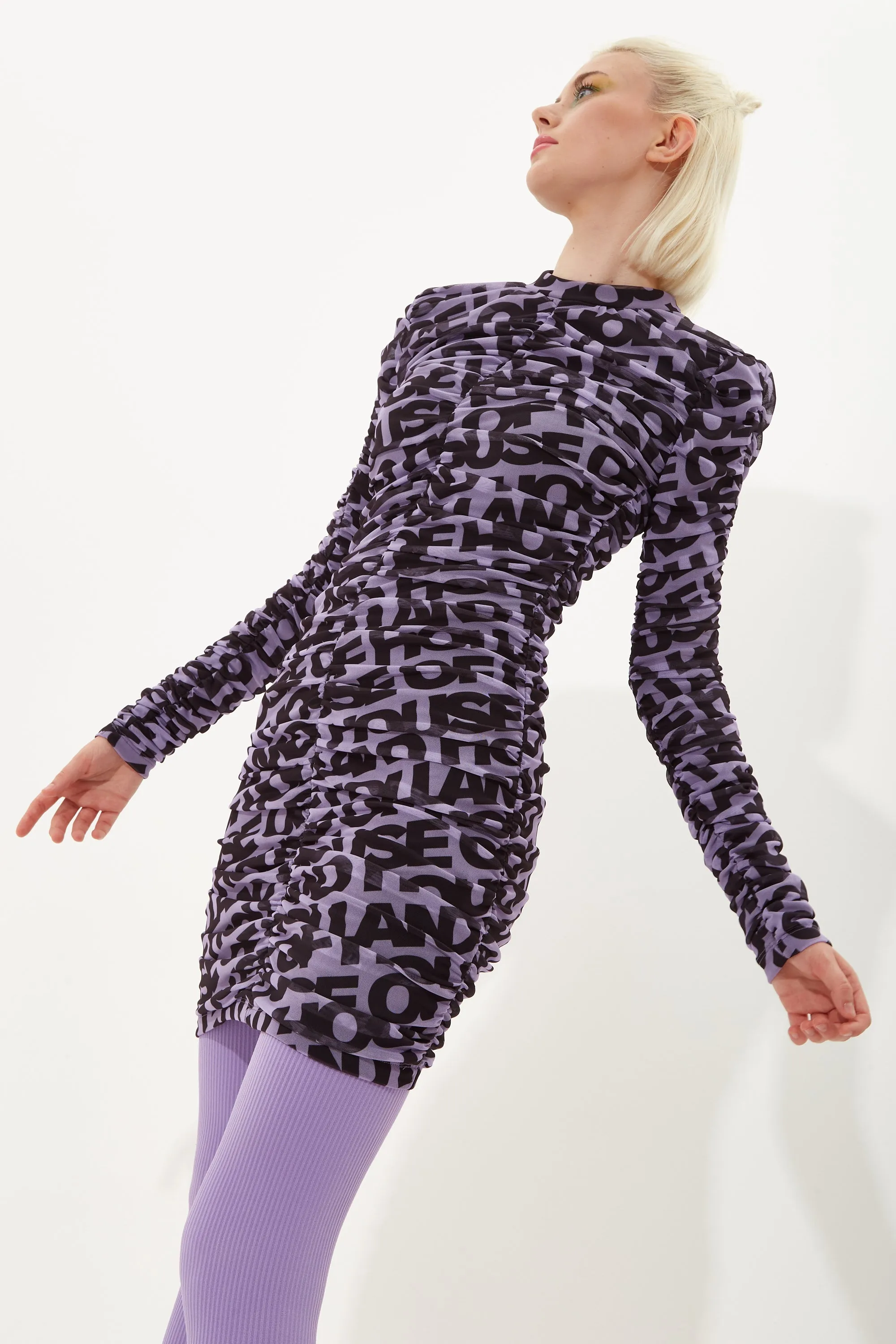 House Of Holland Rouched Mesh Long Sleeve Printed Mini Dress In Purple And Black