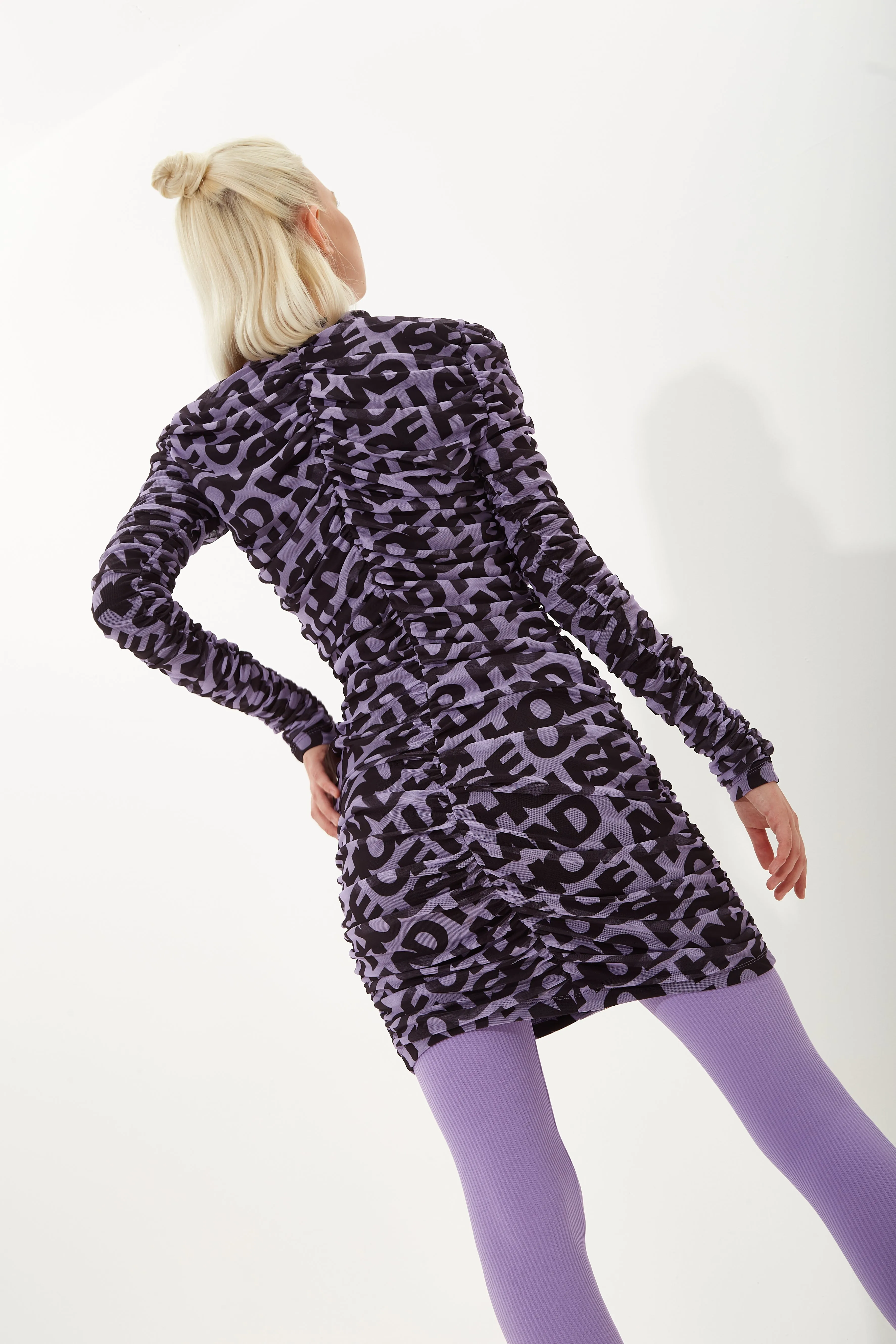 House Of Holland Rouched Mesh Long Sleeve Printed Mini Dress In Purple And Black