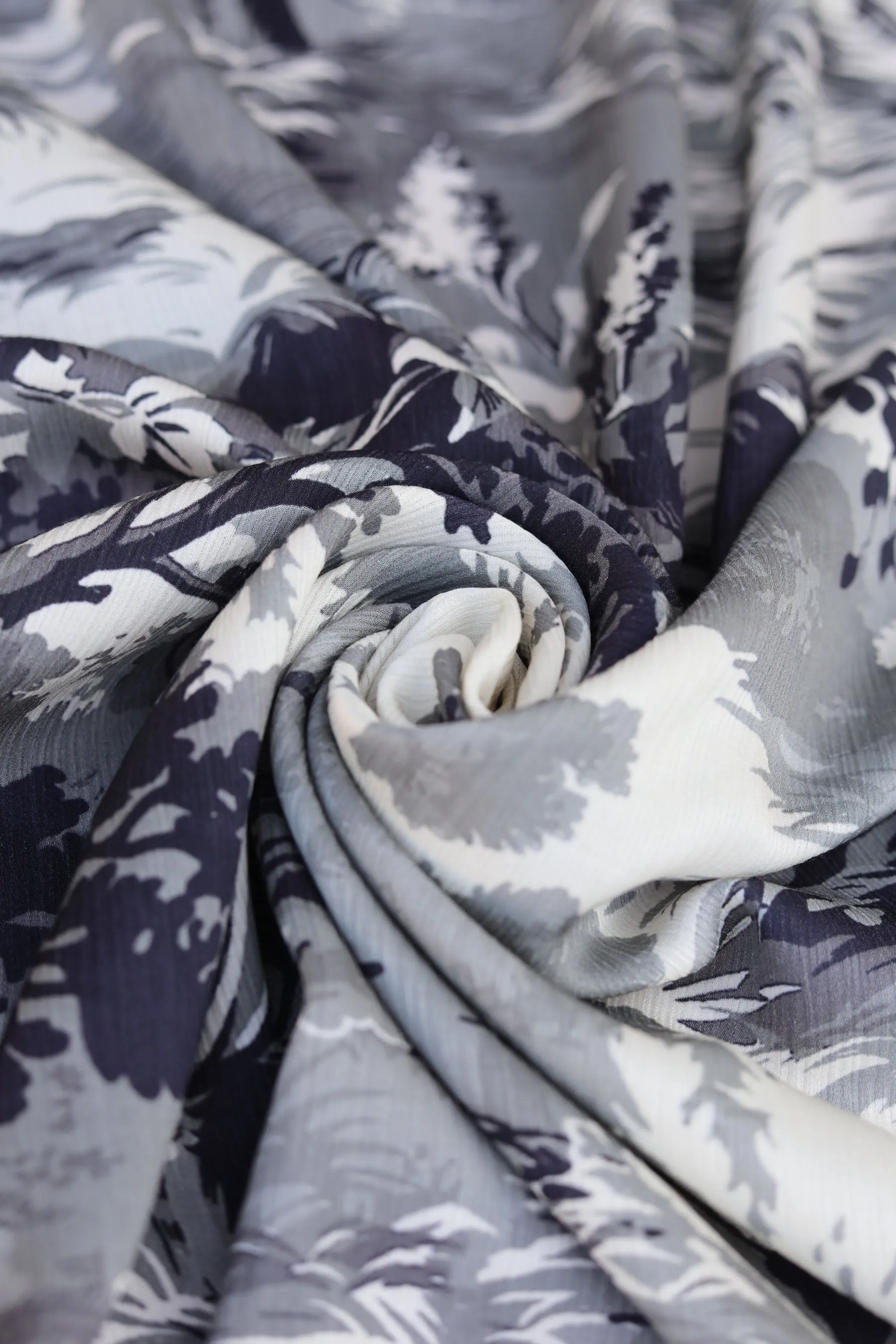 Ivory Black Grey Landscape Pattern Printed Heavy Munga Chiffon Satin Fabric