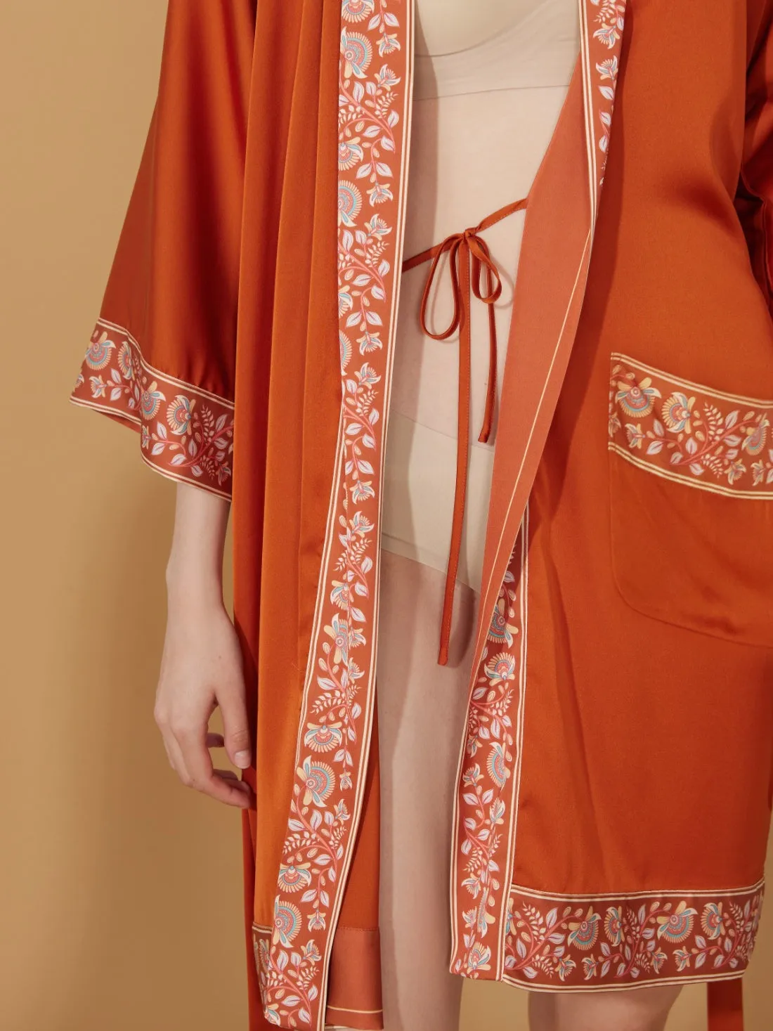 Luxuriously Orange Embellished Flower Short Robe with Pockets