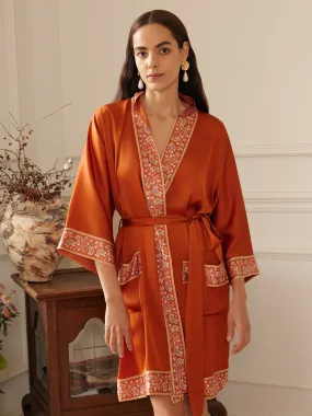 Luxuriously Orange Embellished Flower Short Robe with Pockets