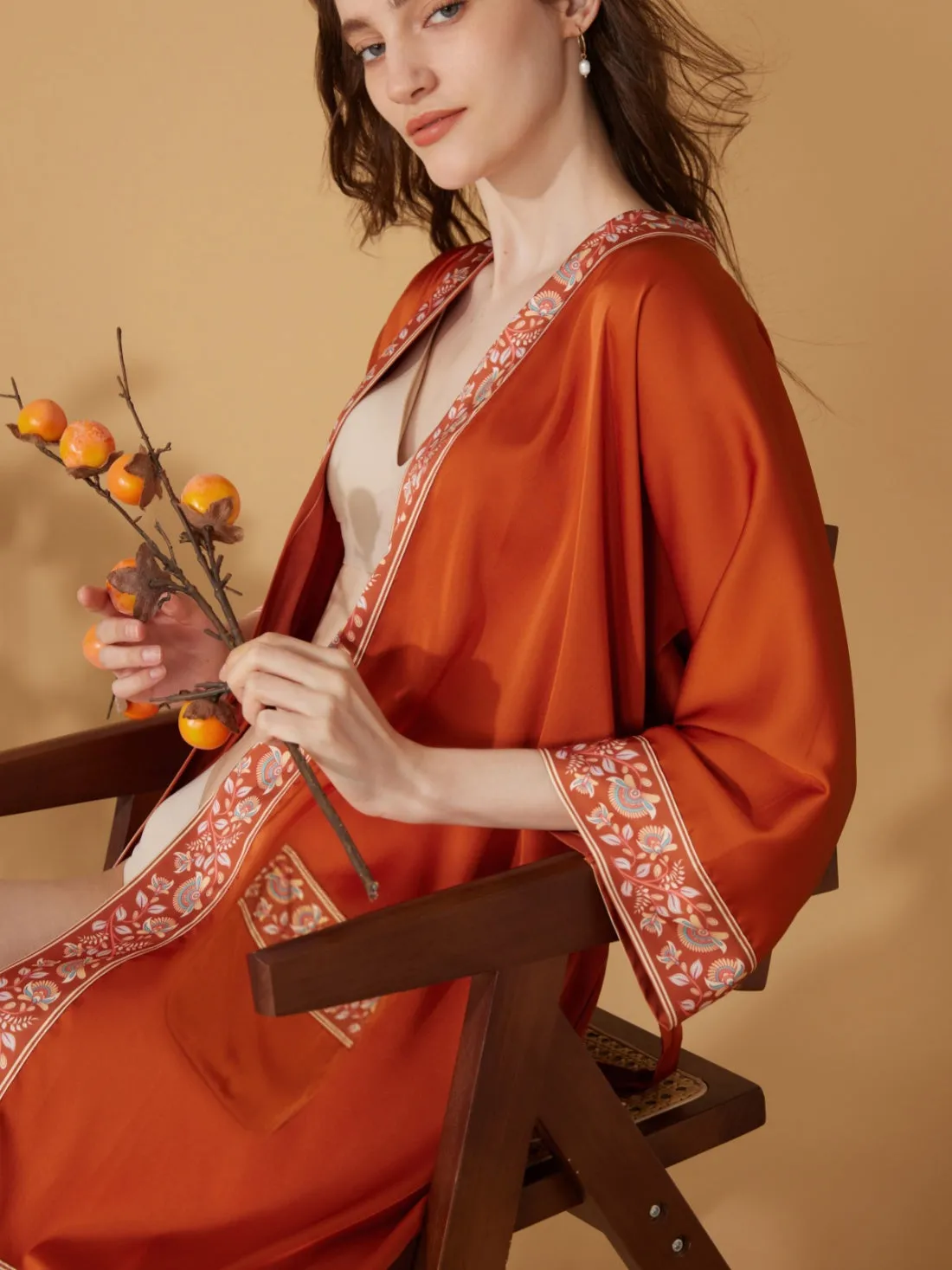 Luxuriously Orange Embellished Flower Short Robe with Pockets