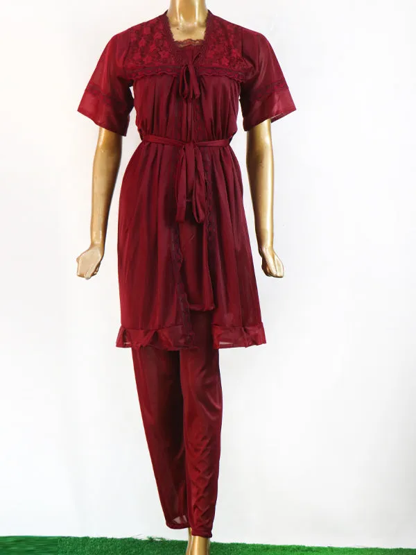 Maroon - 3Pcs Long Nighty For Women WLN01
