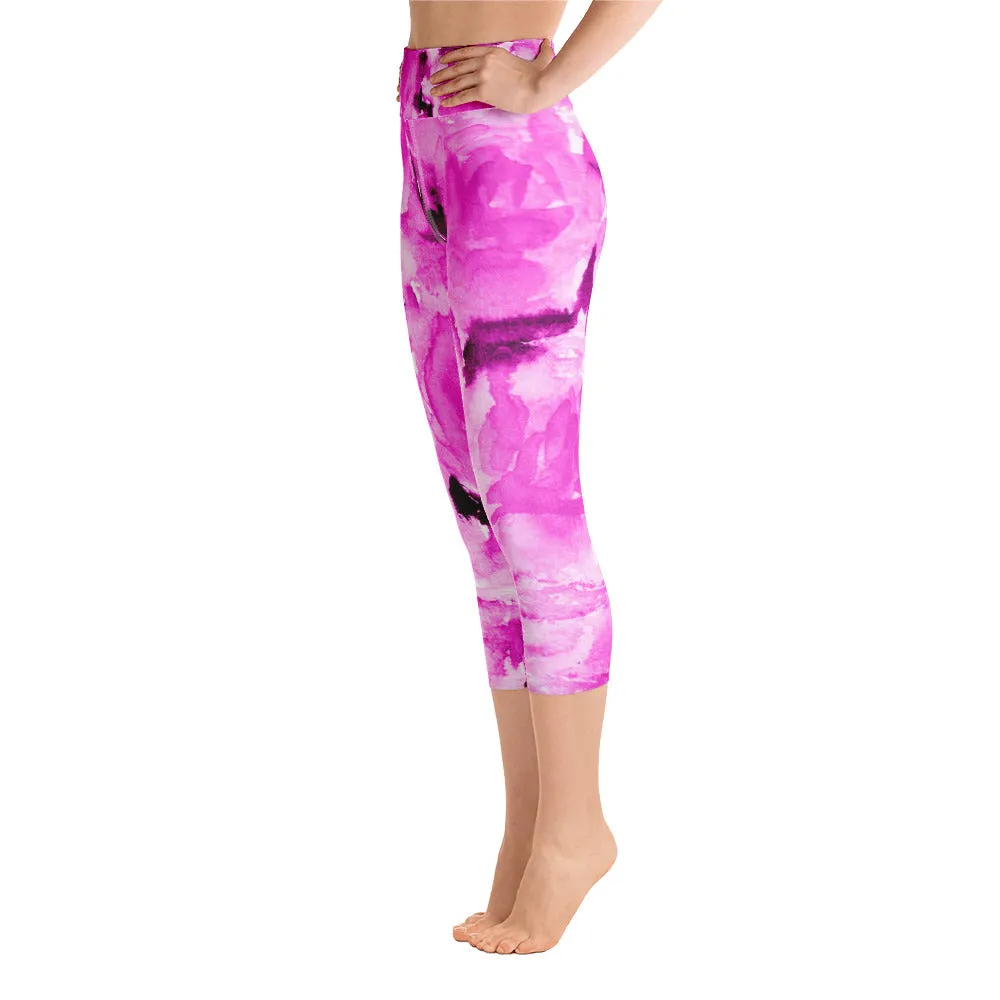 Pink Rose Abstract Capris Tights, Floral Print Women's Yoga Capri Pants Leggings With Pockets- Made In USA/ EU/ MX