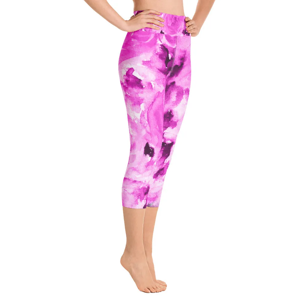 Pink Rose Abstract Capris Tights, Floral Print Women's Yoga Capri Pants Leggings With Pockets- Made In USA/ EU/ MX