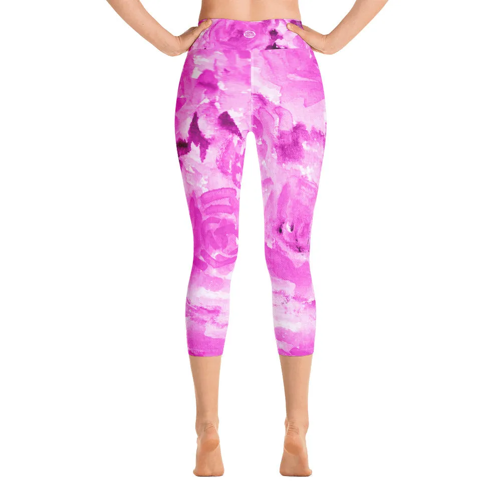 Pink Rose Abstract Capris Tights, Floral Print Women's Yoga Capri Pants Leggings With Pockets- Made In USA/ EU/ MX