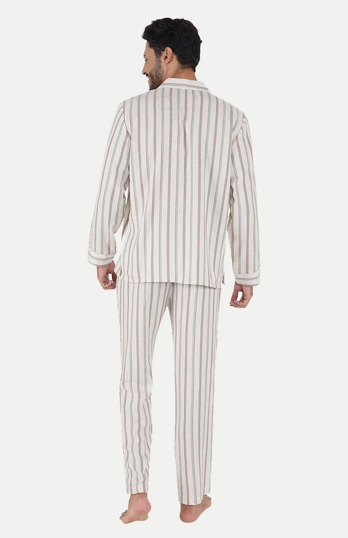 Serene Beige | Striped Lounge Wear Set | Linen-Cotton
