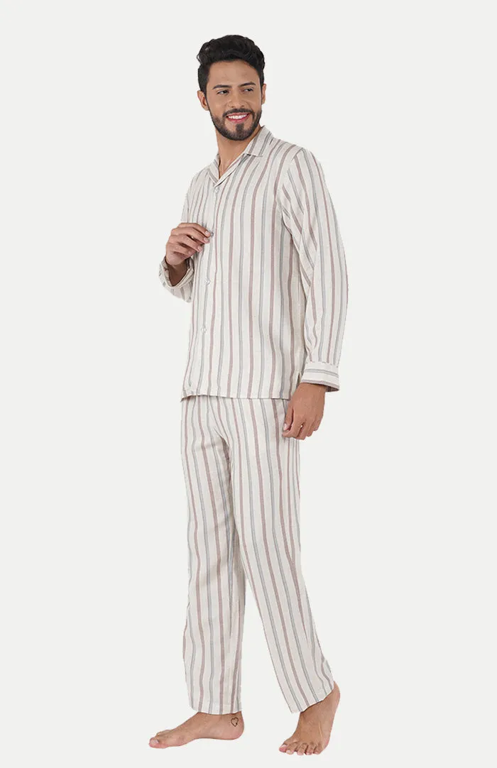 Serene Beige | Striped Lounge Wear Set | Linen-Cotton
