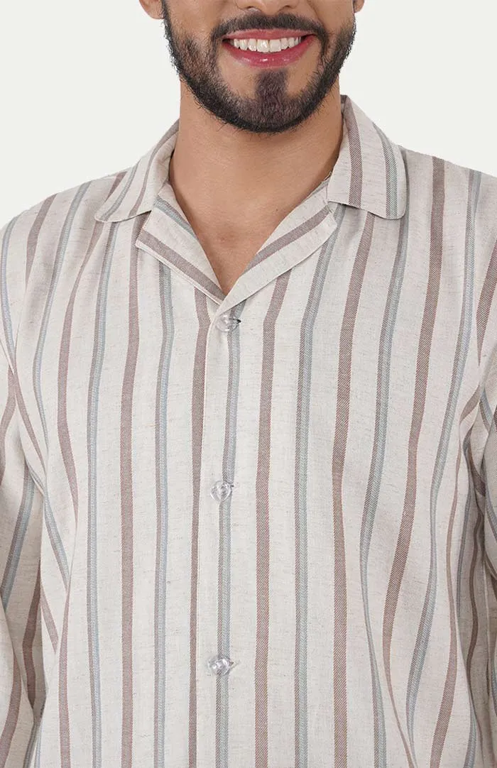 Serene Beige | Striped Lounge Wear Set | Linen-Cotton