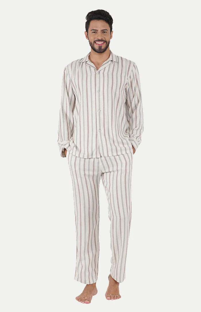 Serene Beige | Striped Lounge Wear Set | Linen-Cotton