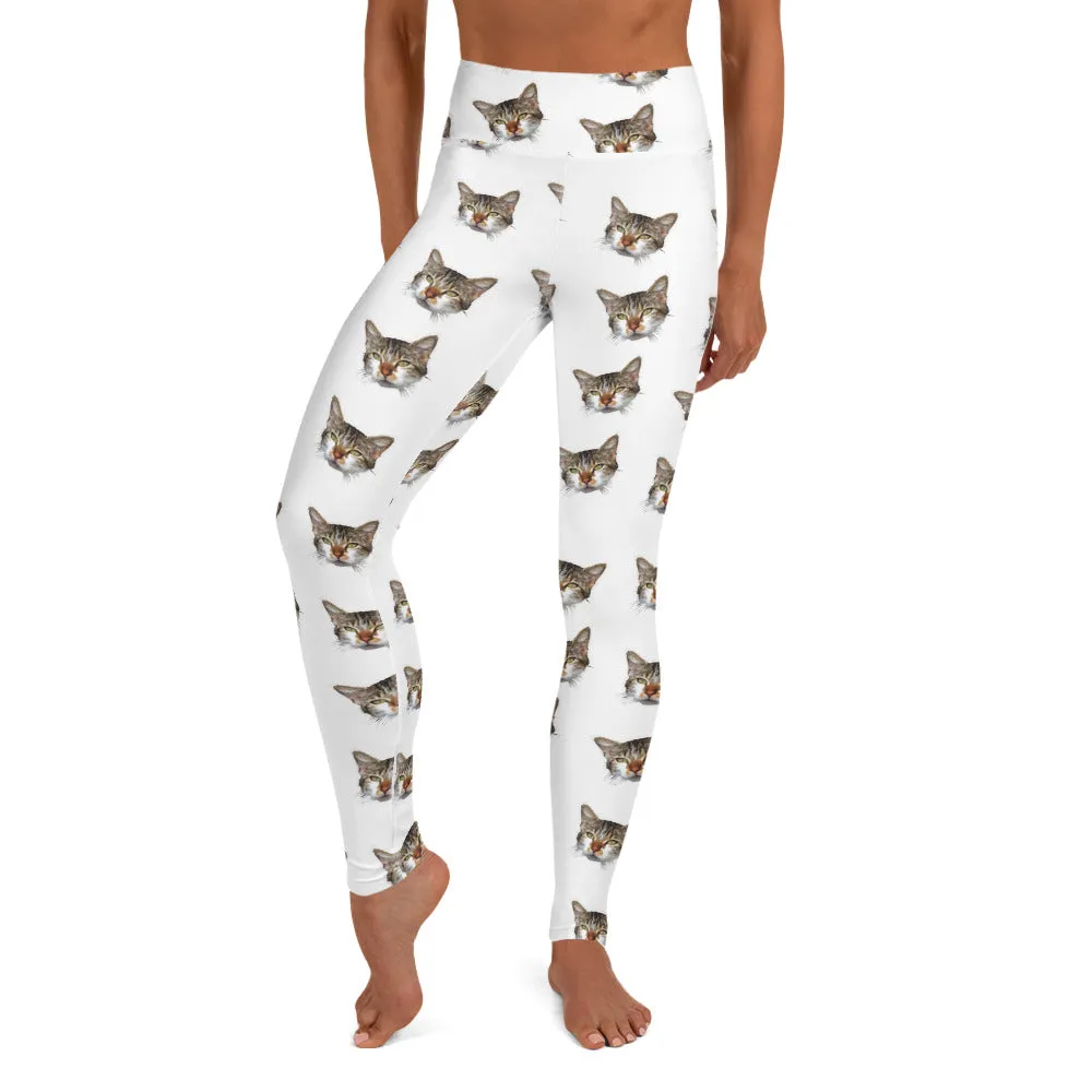 White Cat Leggings, Peanut Meow Calico Cat Print Premium Yoga Leggings- Made in USA/EU