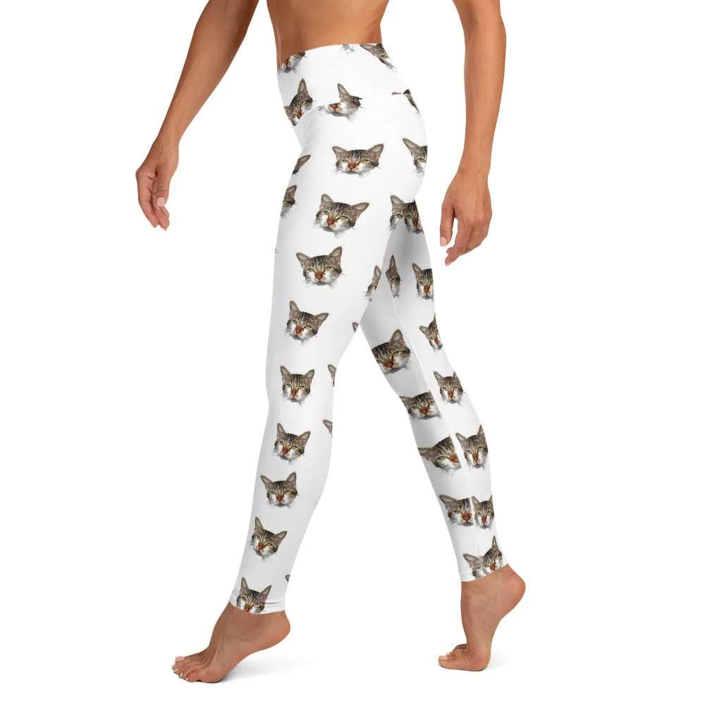 White Cat Leggings, Peanut Meow Calico Cat Print Premium Yoga Leggings- Made in USA/EU
