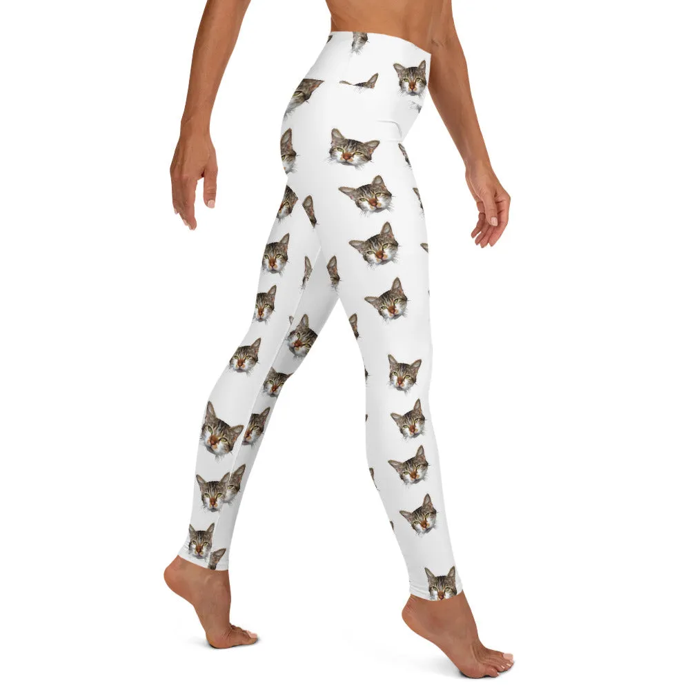 White Cat Leggings, Peanut Meow Calico Cat Print Premium Yoga Leggings- Made in USA/EU
