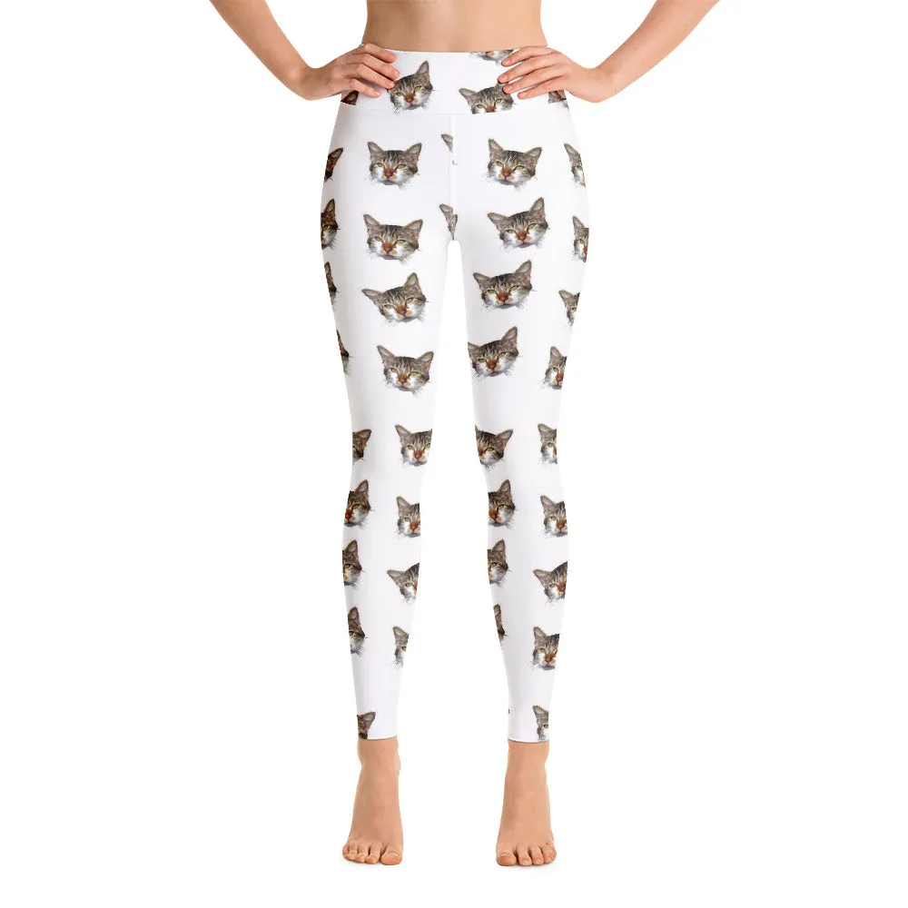 White Cat Leggings, Peanut Meow Calico Cat Print Premium Yoga Leggings- Made in USA/EU