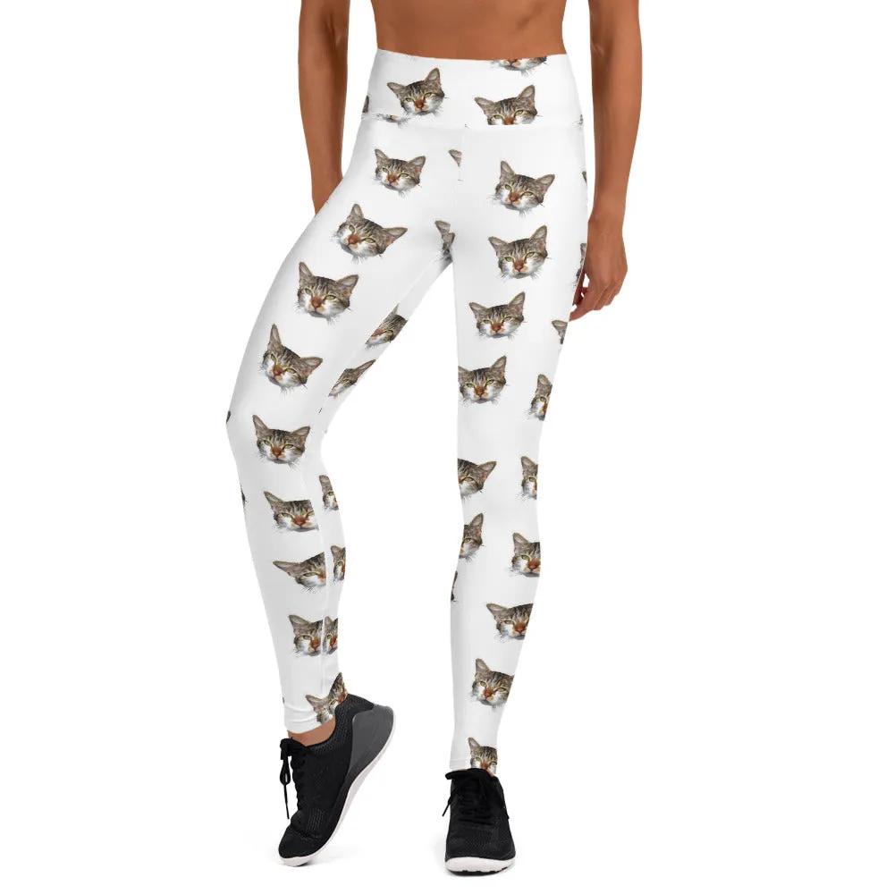White Cat Leggings, Peanut Meow Calico Cat Print Premium Yoga Leggings- Made in USA/EU