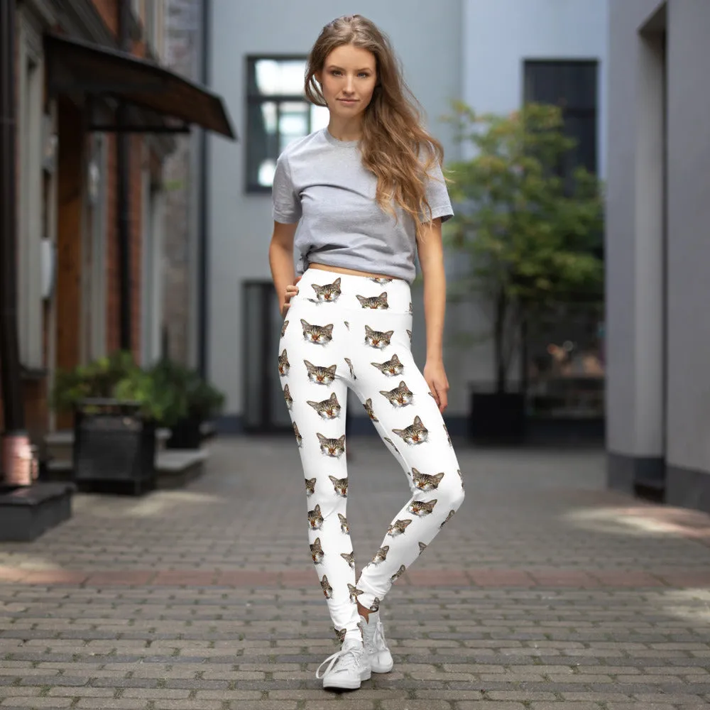 White Cat Leggings, Peanut Meow Calico Cat Print Premium Yoga Leggings- Made in USA/EU