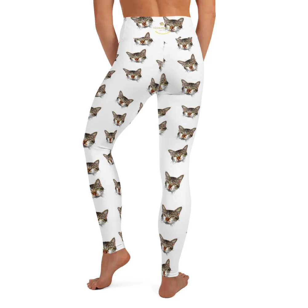White Cat Leggings, Peanut Meow Calico Cat Print Premium Yoga Leggings- Made in USA/EU