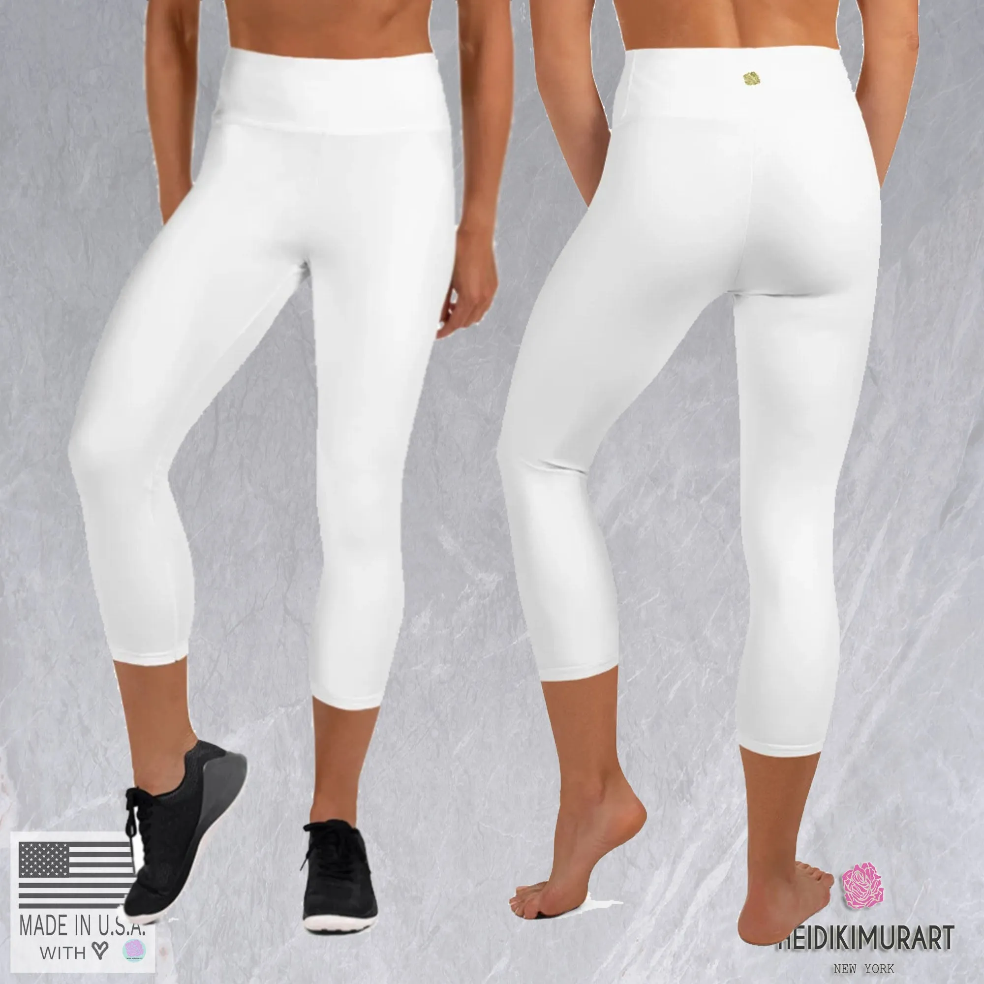 White Color Women's Capri Leggings, Bright Solid White Color Yoga Capris Tights- Made in USA/EU/MX