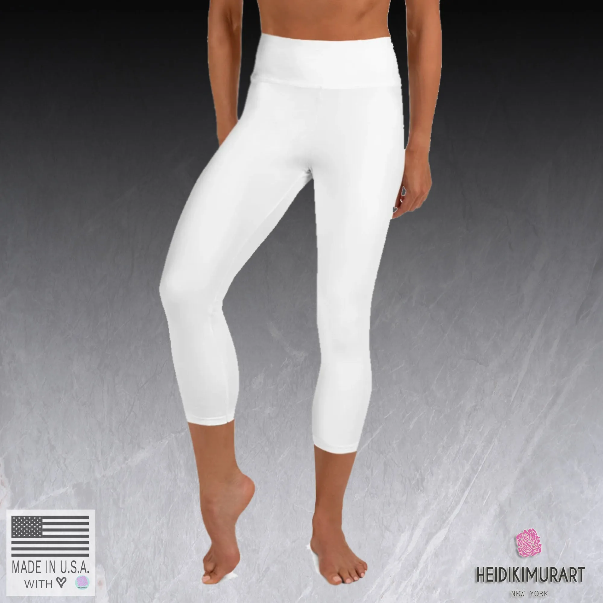 White Color Women's Capri Leggings, Bright Solid White Color Yoga Capris Tights- Made in USA/EU/MX