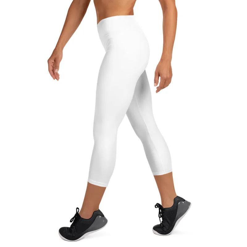 White Color Women's Capri Leggings, Bright Solid White Color Yoga Capris Tights- Made in USA/EU/MX