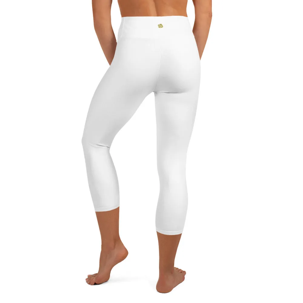 White Color Women's Capri Leggings, Bright Solid White Color Yoga Capris Tights- Made in USA/EU/MX