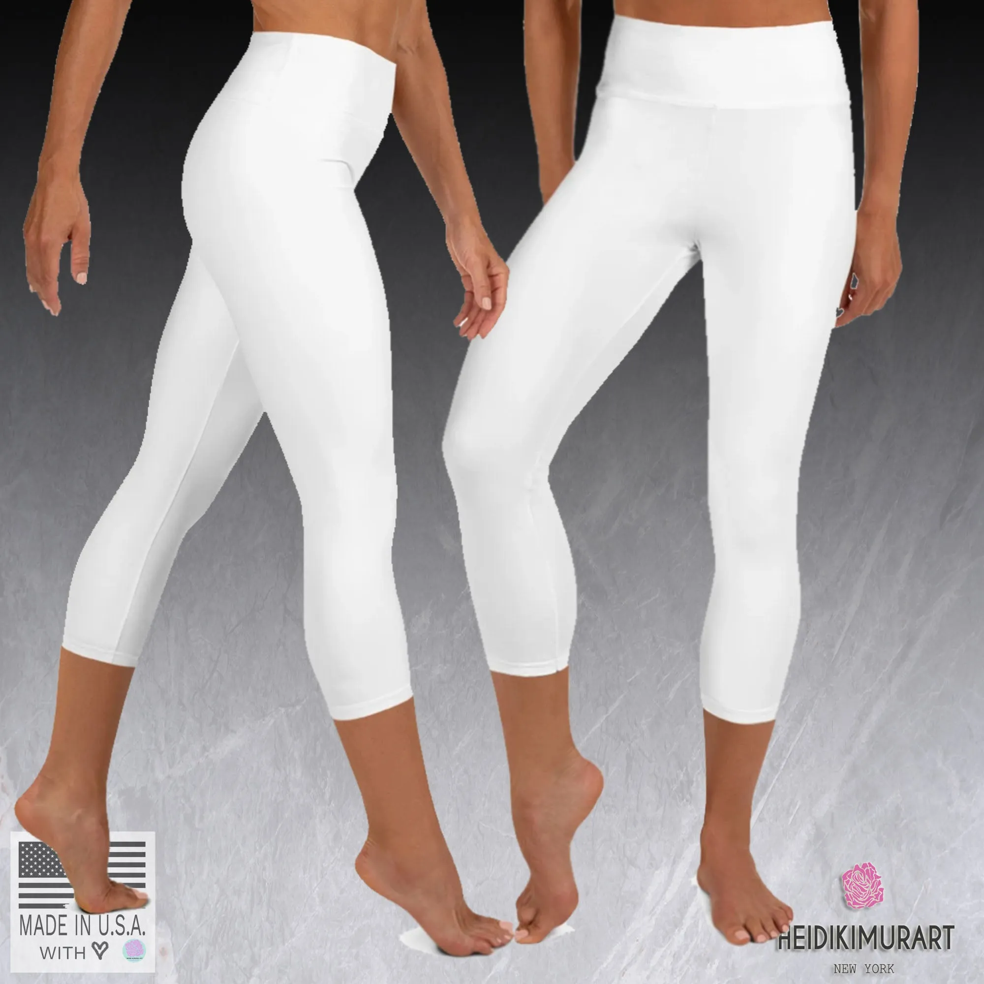 White Color Women's Capri Leggings, Bright Solid White Color Yoga Capris Tights- Made in USA/EU/MX
