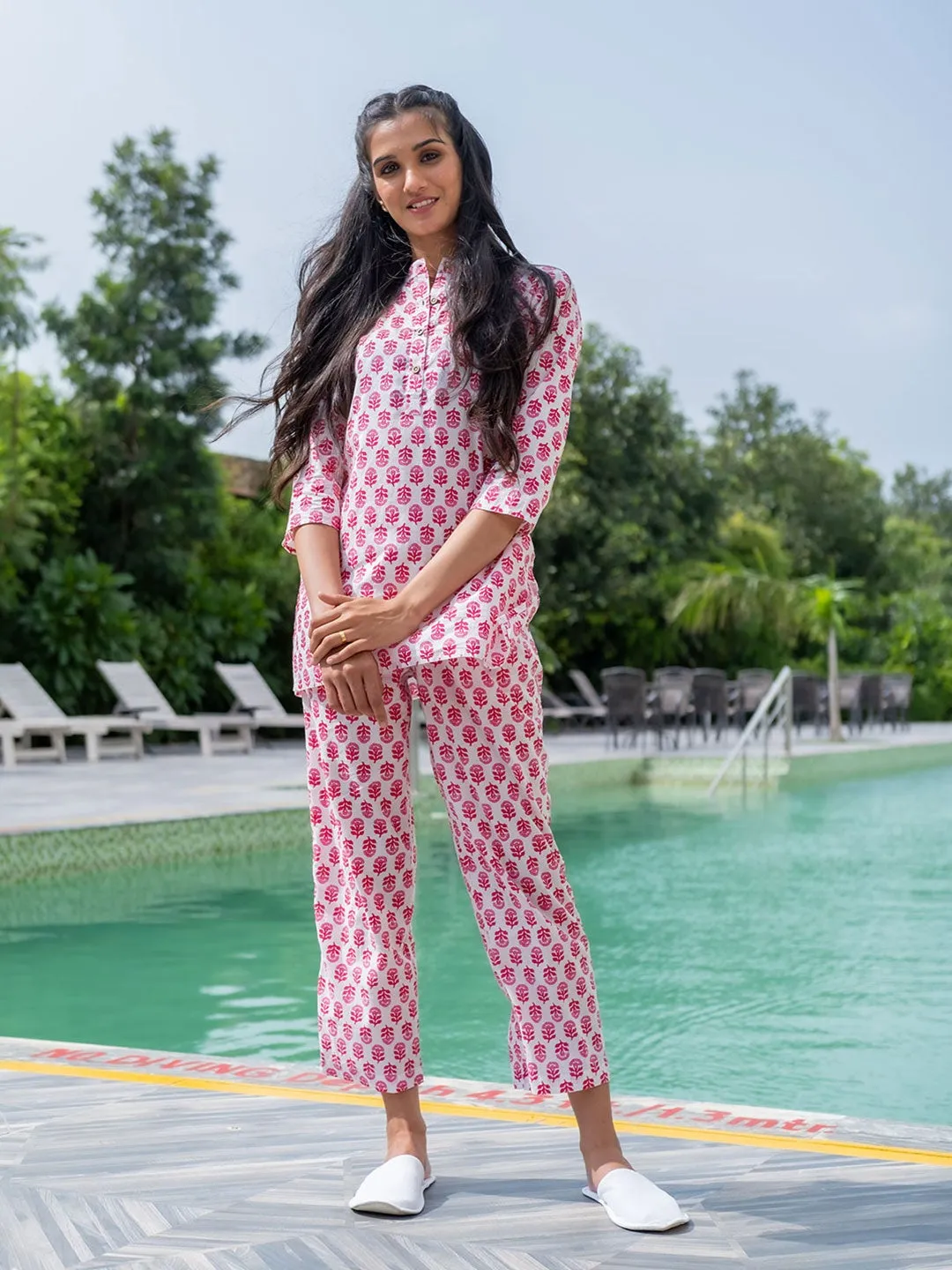 White Ethnic Print Cotton Loungewear Set with Side Pockets