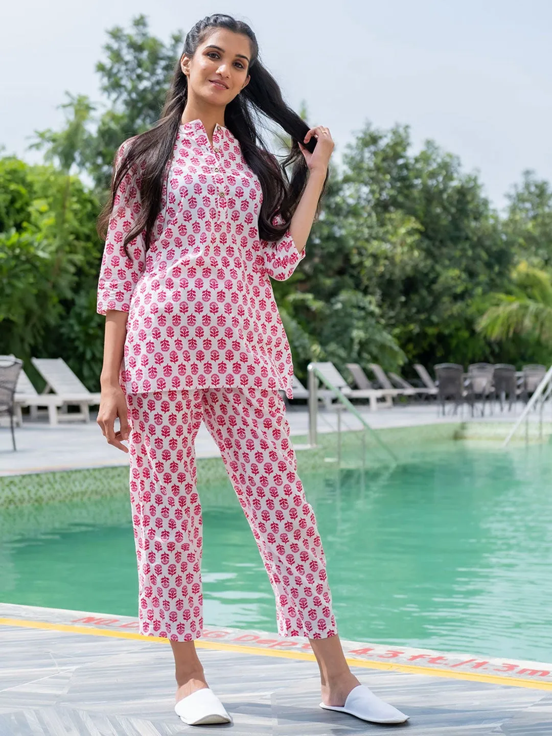 White Ethnic Print Cotton Loungewear Set with Side Pockets