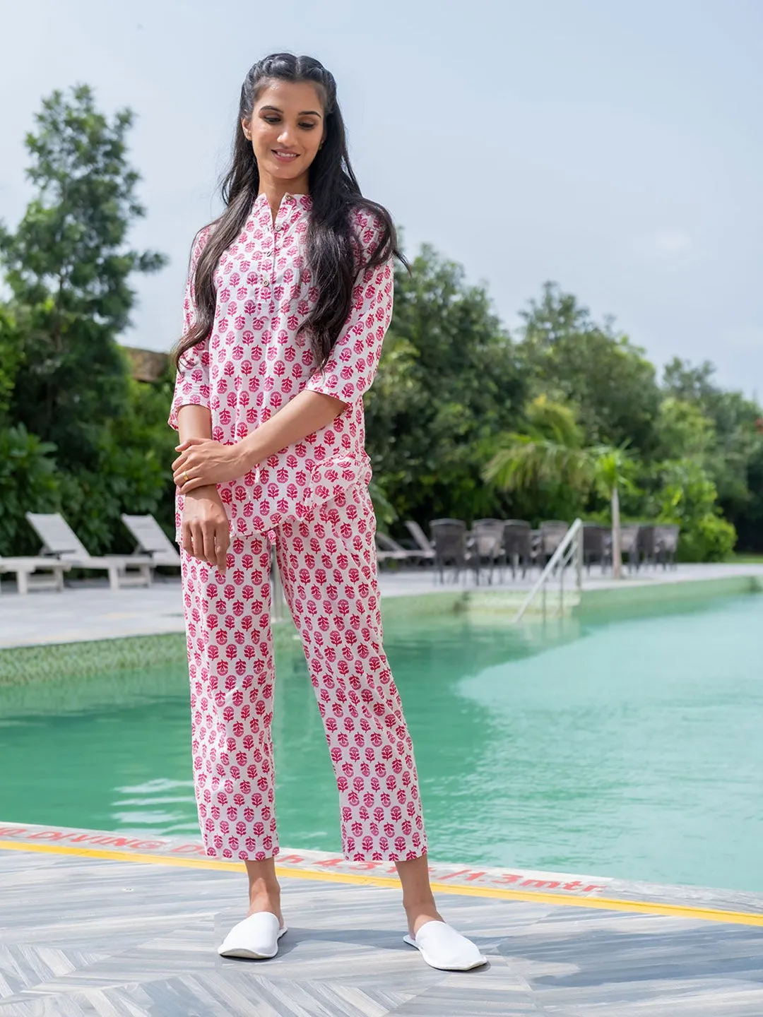 White Ethnic Print Cotton Loungewear Set with Side Pockets