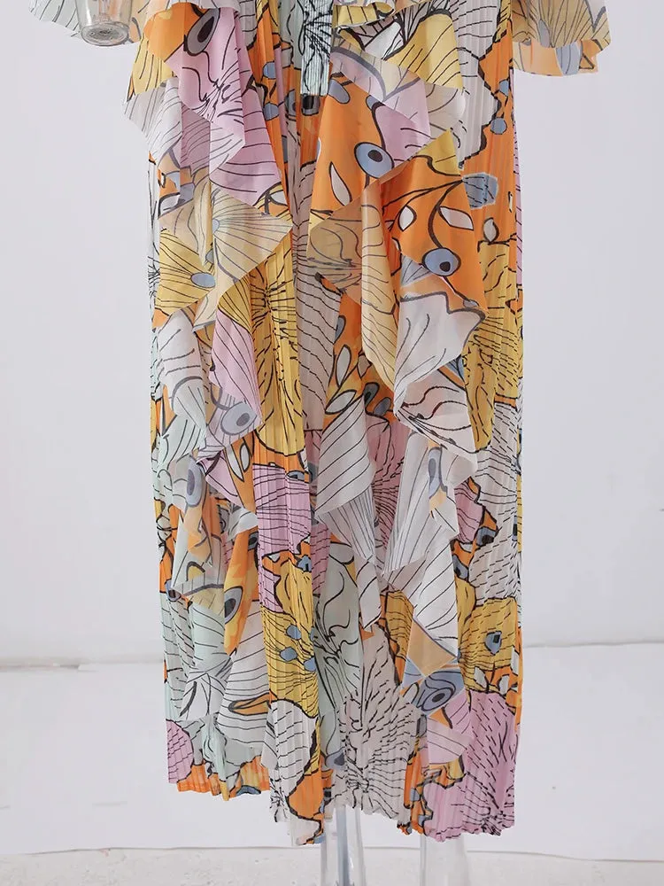 Women's Elegant Floral Ruffle Pleated Midi Dress