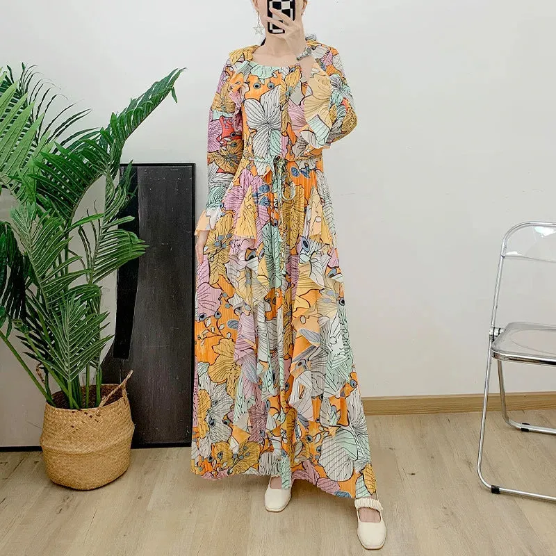Women's Elegant Floral Ruffle Pleated Midi Dress