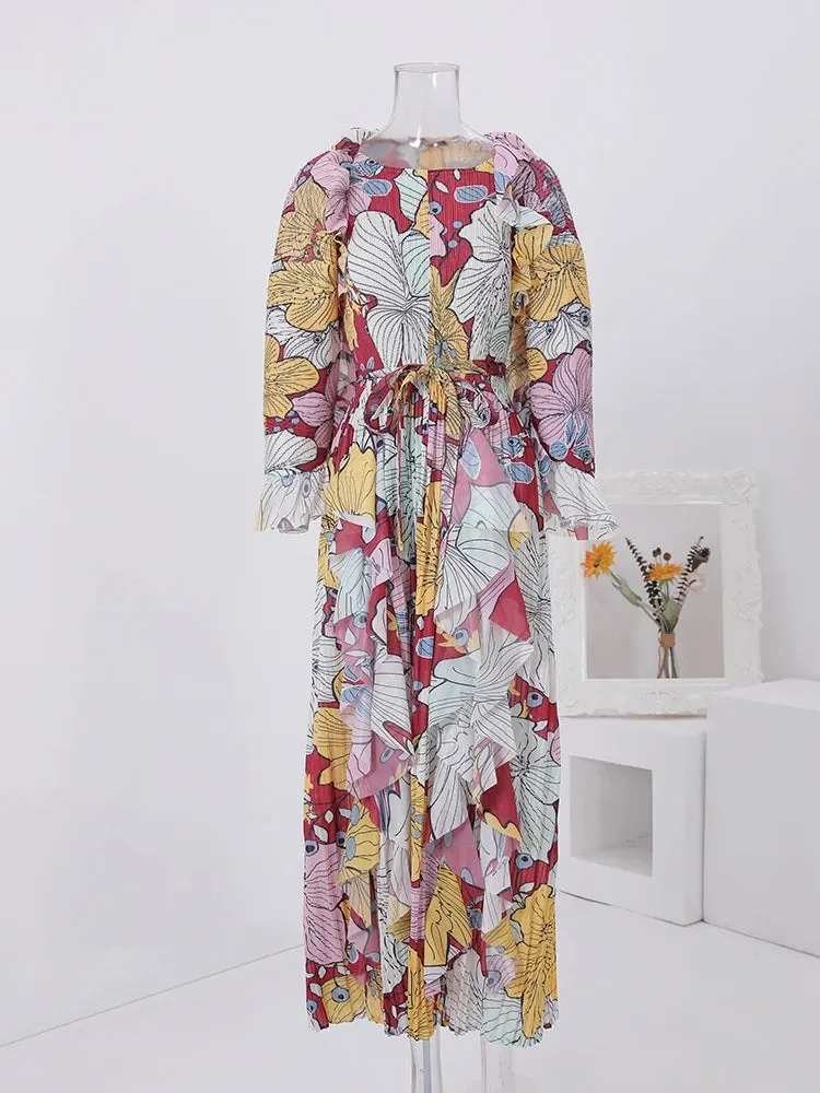 Women's Elegant Floral Ruffle Pleated Midi Dress