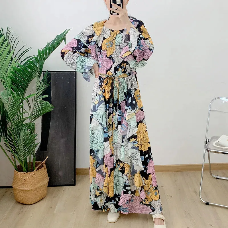 Women's Elegant Floral Ruffle Pleated Midi Dress