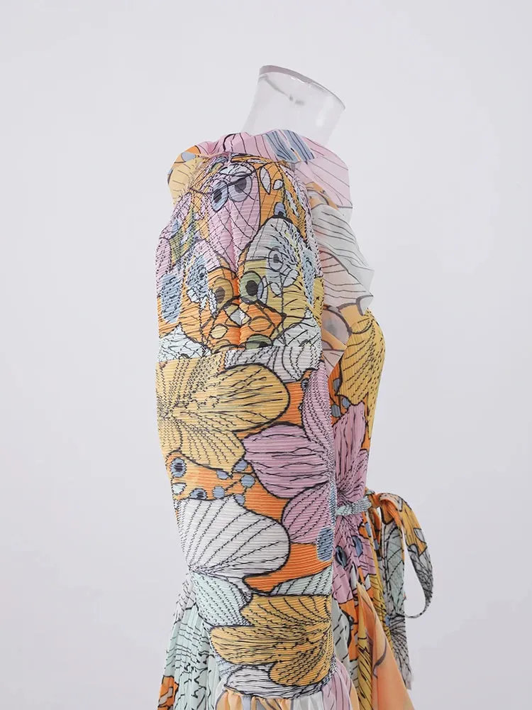 Women's Elegant Floral Ruffle Pleated Midi Dress
