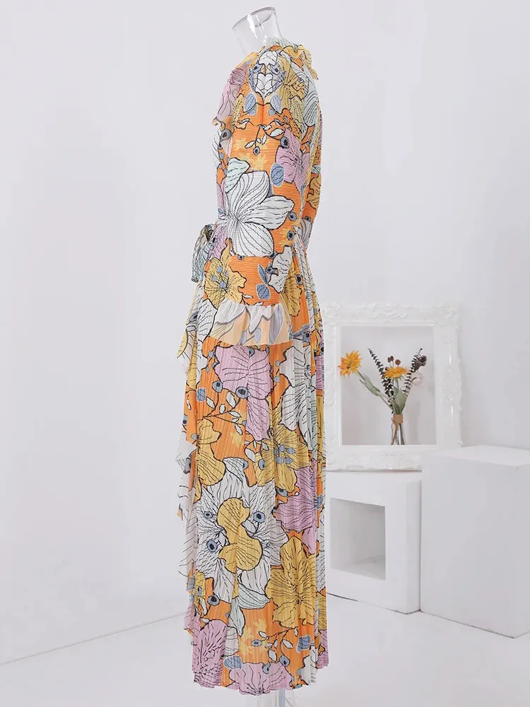 Women's Elegant Floral Ruffle Pleated Midi Dress