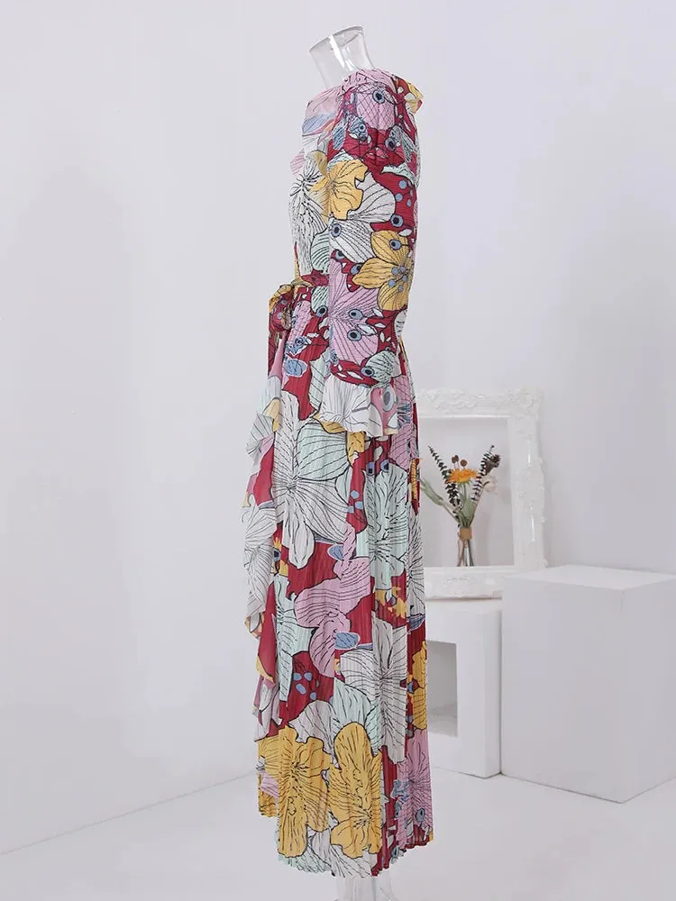 Women's Elegant Floral Ruffle Pleated Midi Dress