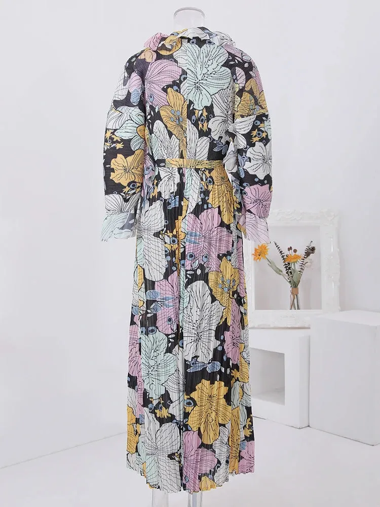 Women's Elegant Floral Ruffle Pleated Midi Dress