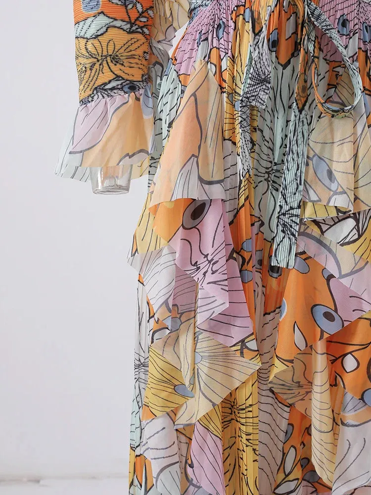 Women's Elegant Floral Ruffle Pleated Midi Dress